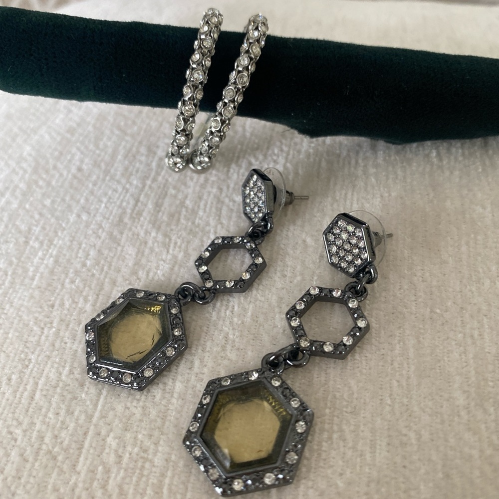 Sparkling Rhinestone Hoop + Hexagon Dangle Earrings Set | Silver Tone Statement - Picture 3 of 5